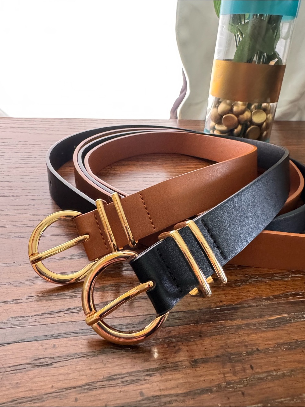 Black and Brown Leather Belts with Gold Buckle - Picture 2 of 5